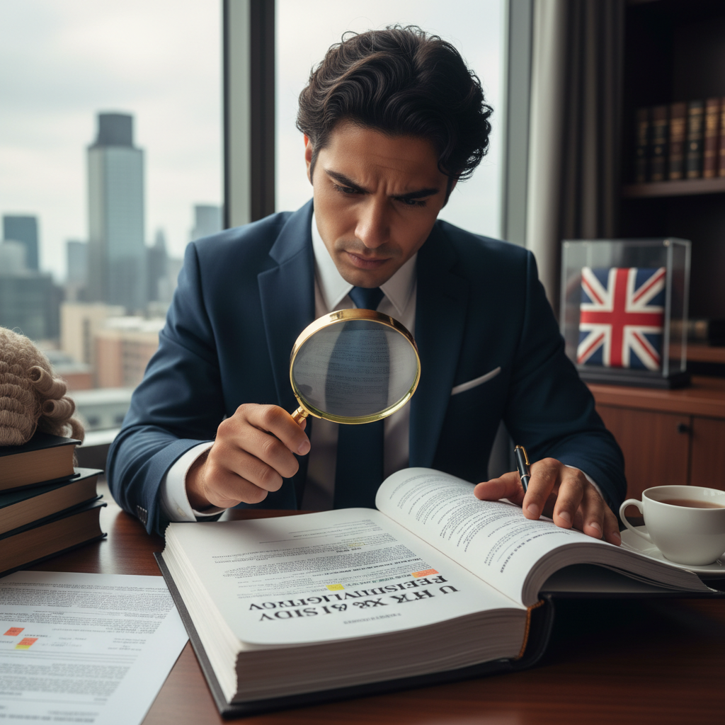 A person, possibly a non-resident, carefully reviewing a complex legal document related to UK tax law, with a magnifying glass. The background is a modern, clean office setting with a British flag subtly visible, conveying seriousness and attention to detail.
