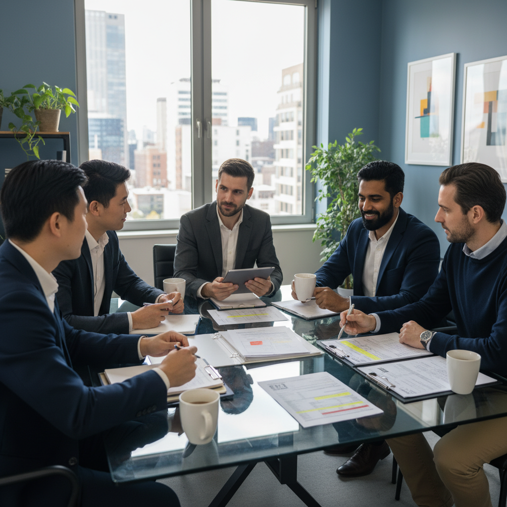 A diverse group of business professionals, some appearing to be expats, gathered around a table in a modern office, discussing financial documents and tax forms with a focused and slightly casual demeanor. The setting is bright and professional, emphasizing collaboration and planning.