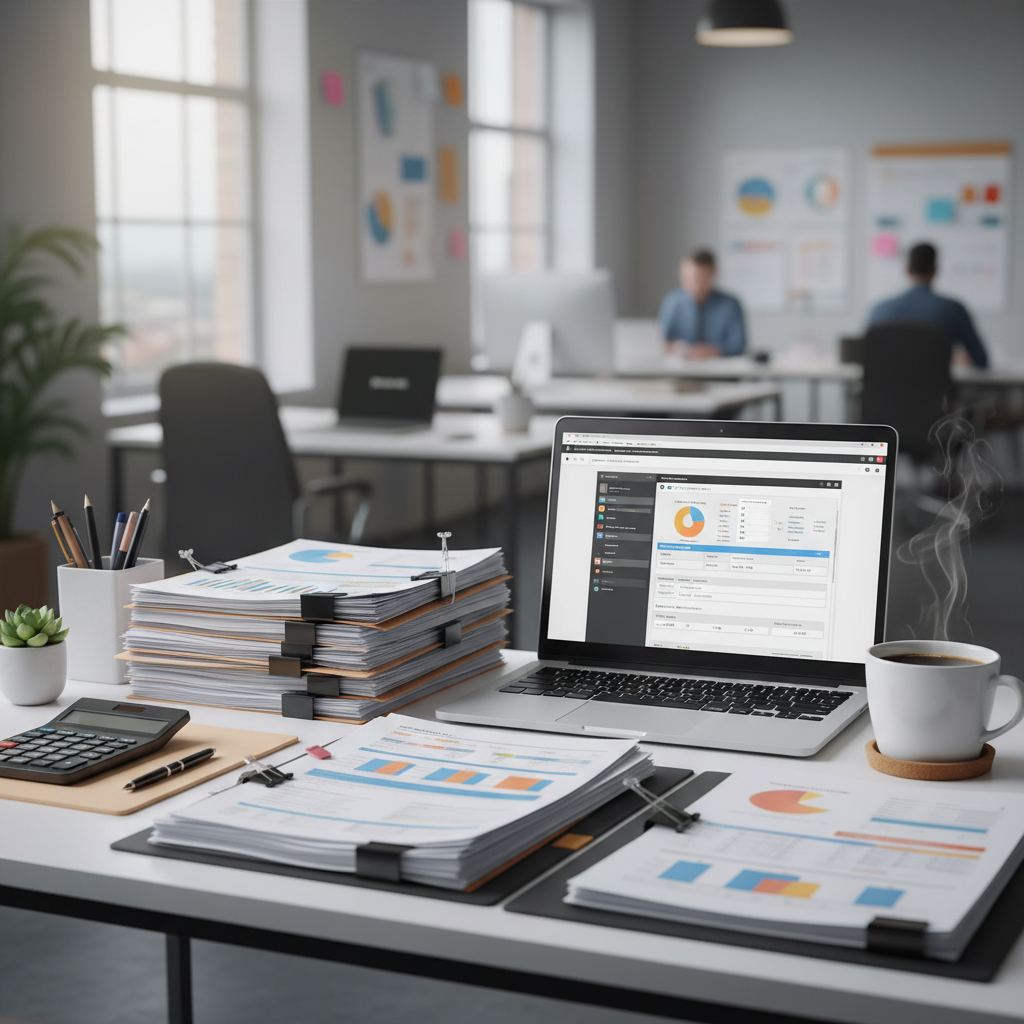 A highly organized desk with financial documents, a laptop displaying tax software, and a cup of coffee. The overall impression is one of meticulous planning and efficient financial management, with a slight blur in the background suggesting a busy but controlled environment.