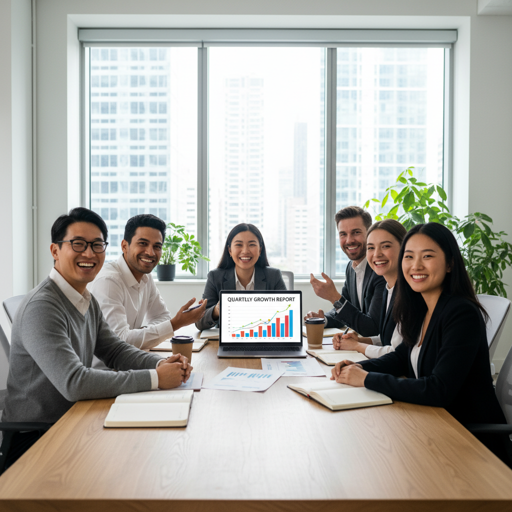 A diverse group of business professionals in a modern, light-filled office, smiling and collaborating around a large table, with one person pointing at a laptop screen showing financial charts. The scene should convey successful teamwork and professional advice.