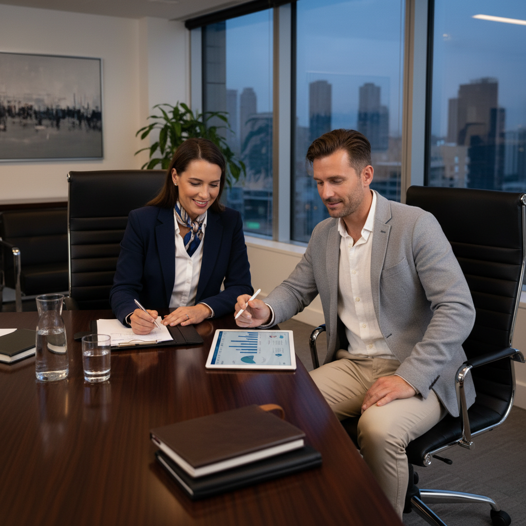 A professional financial advisor in a suit, sitting across from a relaxed expat business owner in a stylish office, discussing documents on a tablet with a confident and reassuring expression. The setting is modern and sophisticated, showing a successful consultation.