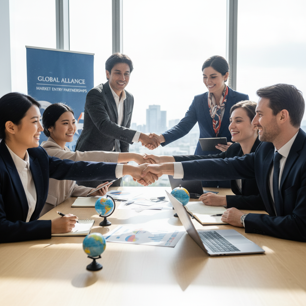 A diverse group of business professionals from different countries shaking hands in a modern, sunlit office boardroom, symbolizing international collaboration and market entry partnerships. The scene is shot with a shallow depth of field, focusing on the handshake.
