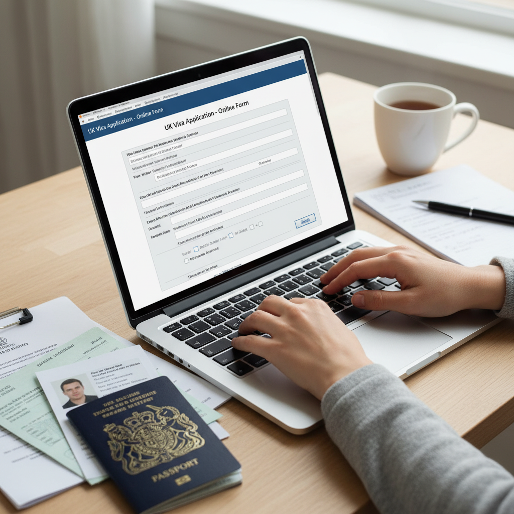 A professional, photorealistic image of a person's hands typing on a laptop, with a UK visa application form open on the screen. There are neatly organized documents, a passport, and a pen on the desk next to the laptop, suggesting careful preparation.