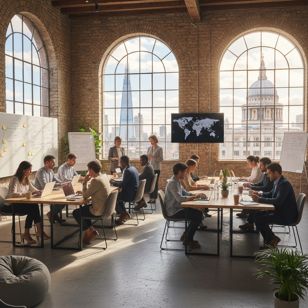 A professional, modern co-working space in London with a diverse group of entrepreneurs working on laptops. Sunlight streams through large windows, showcasing iconic London architecture outside. The atmosphere is vibrant and collaborative, emphasizing innovation and global business connections.