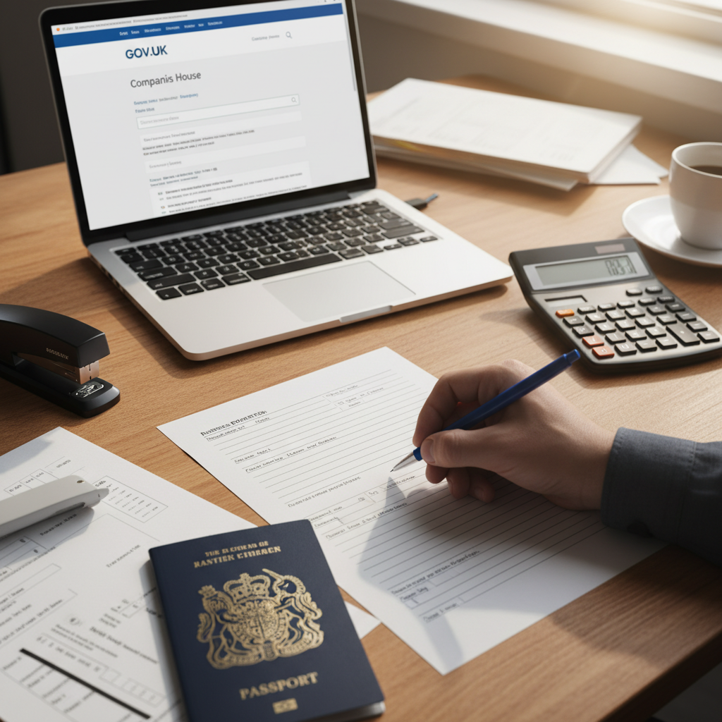 A close-up, high-angle shot of a hand filling out a business registration form with a pen, surrounded by a laptop displaying a Companies House website, a calculator, and a passport on a wooden desk. The scene conveys diligence and official paperwork.