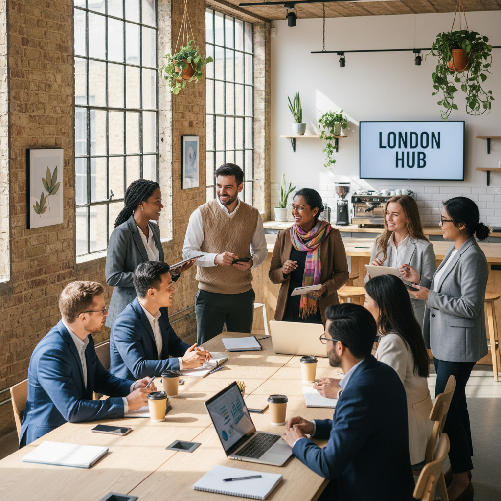 A diverse group of business professionals from various backgrounds and ethnicities networking at a modern, bright co-working space in London. They are engaged in conversations, some with laptops open, and the atmosphere is collaborative and energetic. Focus on genuine interactions and a contemporary office aesthetic.