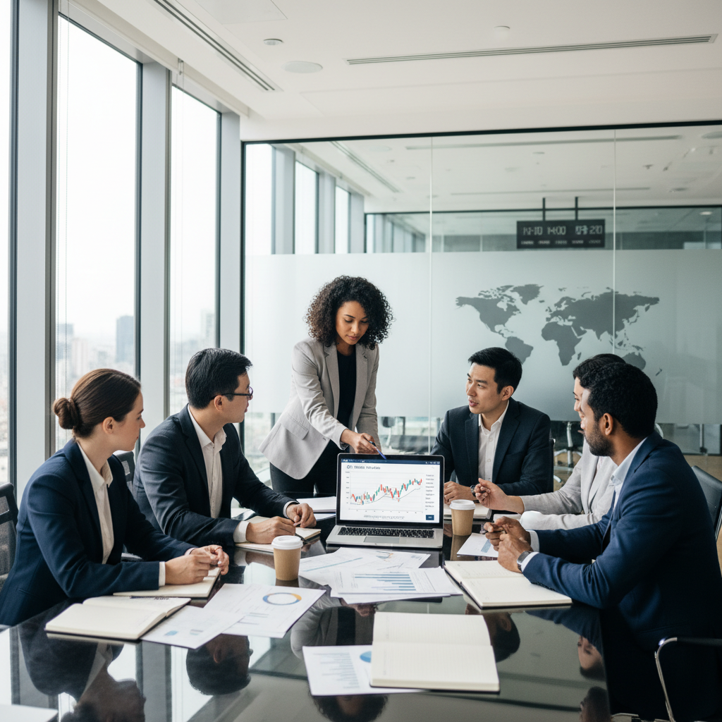 A diverse group of business people in a modern, light-filled office discussing financial documents, with one person pointing at a laptop screen displaying a banking interface. The overall mood is collaborative and focused, highlighting global business operations.