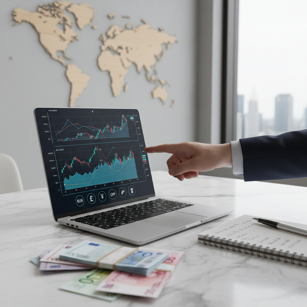 A professional hand gestures towards a laptop displaying financial charts and graphs, with various international currencies visible. A notepad and pen are next to the laptop on a clean, modern desk, suggesting strategic financial planning for global business.