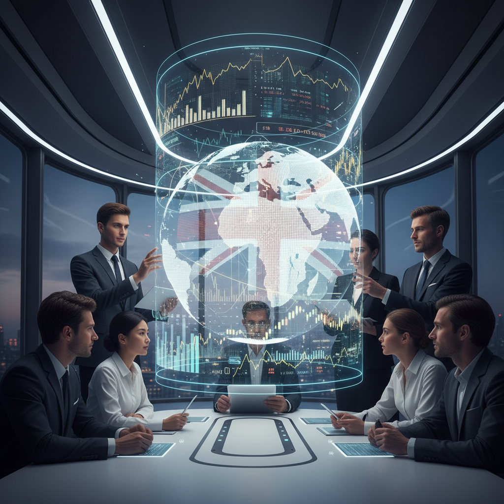 A vibrant, detailed, photorealistic image depicting diverse global business professionals collaborating around a holographic projection of global markets and financial data, with a subtle British flag element integrated into the data visualization. The scene should convey innovation and international partnership.