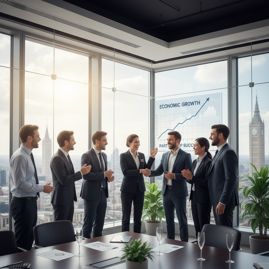 A diverse group of smiling, professional individuals, including some who appear to be UK expats, shaking hands and celebrating a successful business deal in a modern, light-filled office overlooking a city skyline. One person subtly gestures towards a digital screen displaying a graph with an upward trend, symbolizing economic growth. The atmosphere should be one of collaboration and success.