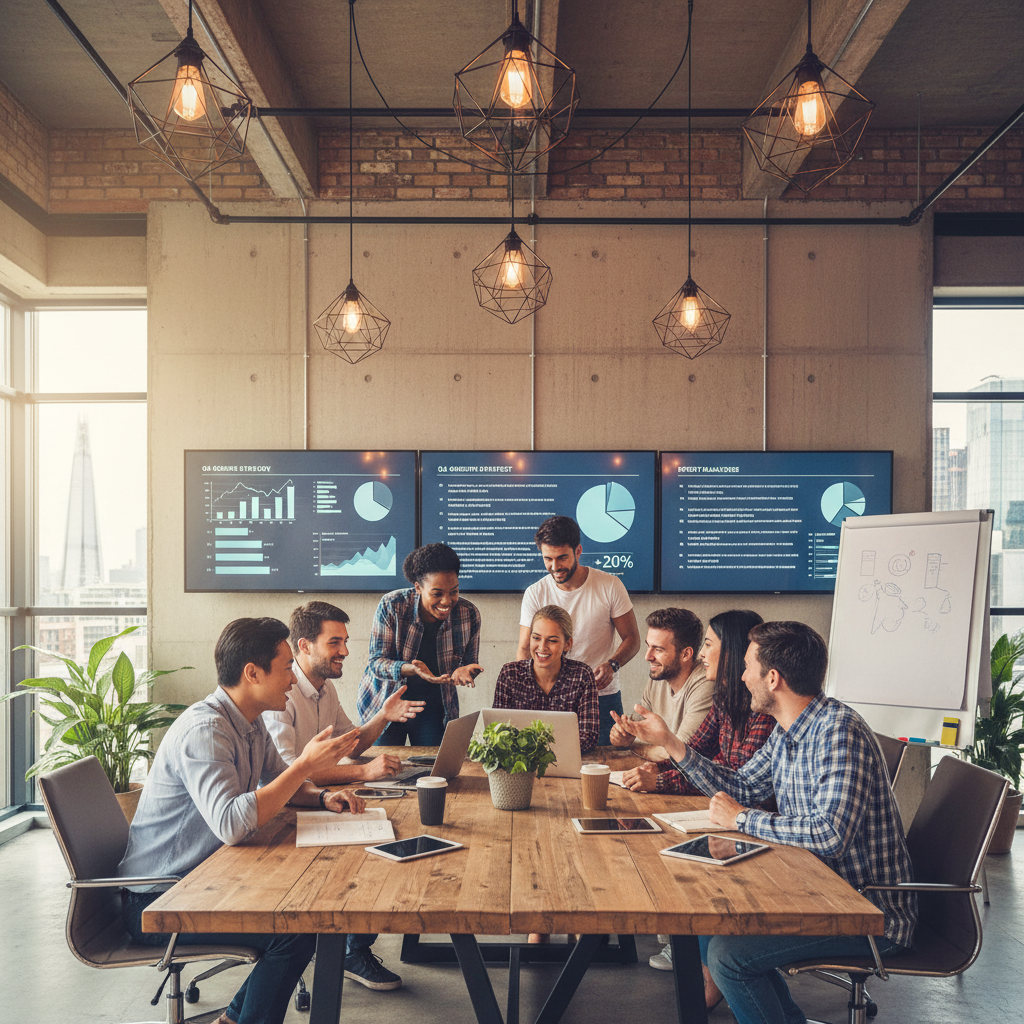 A diverse group of young entrepreneurs enthusiastically collaborating in a modern co-working space in London, with digital screens showing business plans and graphs in the background. The lighting is bright and energetic, and the atmosphere is dynamic and innovative.