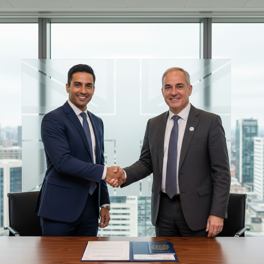 A business professional shaking hands with an official in a modern, well-lit office, symbolizing a successful business endorsement or visa approval in the UK. A subtle Union Jack flag is visible in the background, conveying a sense of official UK context.