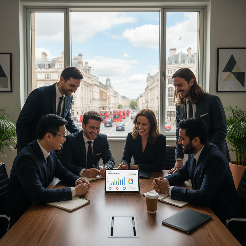 A diverse group of people from different backgrounds, dressed in smart business attire, are seated around a modern conference table, engaged in a lively discussion. They are looking at a tablet displaying market data and smiling, representing successful expat entrepreneurs networking and planning their business ventures in the UK. The setting is a bright, contemporary office space with a large window overlooking a bustling city street.